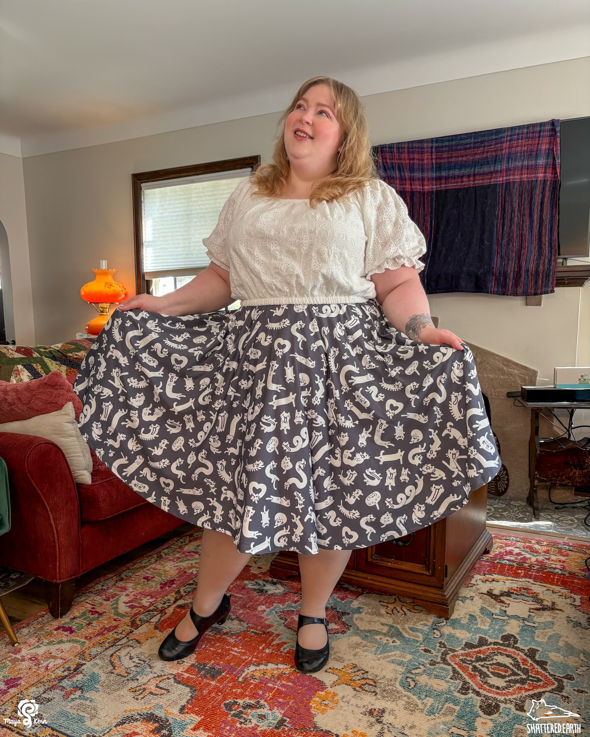 COLLAB: Shattered-Earth — Squiggle Cats Midi Skirt — FINAL SALE - XS-M